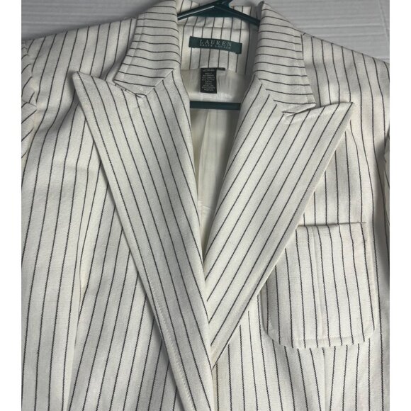 Lauren Ralph Lauren Ivory Pinstripe Blazer Jacket Sz 10  Lined Linen Blend - Picture 6 of 14